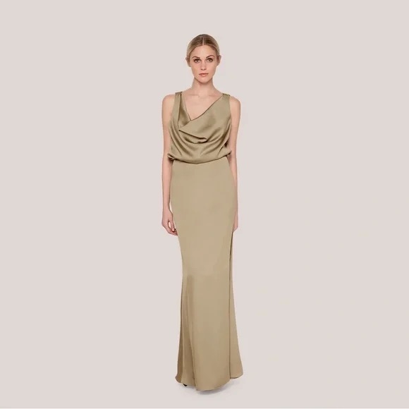 Fame and Partners cowl neck dress. Color: Dark Tan Matte Satin - Picture 1 of 7